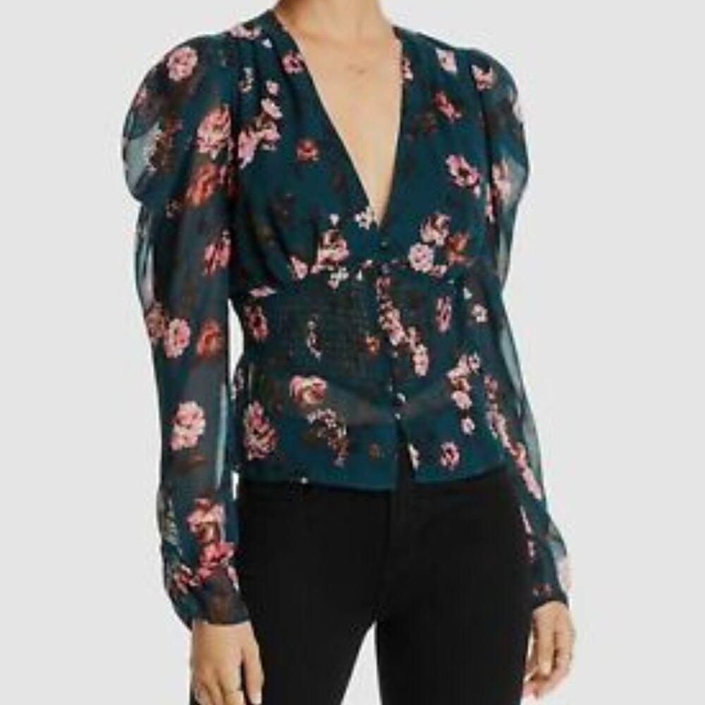 NEW  LINI   Green Floral V-Neck Sheer Smocked Top Blouse  MEDIUM‎  NWT
